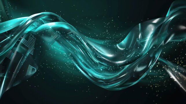 Bright turquoise and silver plexus flowing on a dark background, futuristic and tech-oriented with text space