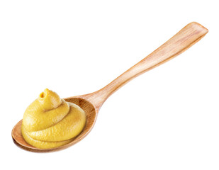 Squeezed mustard on a spoon isolated white background.