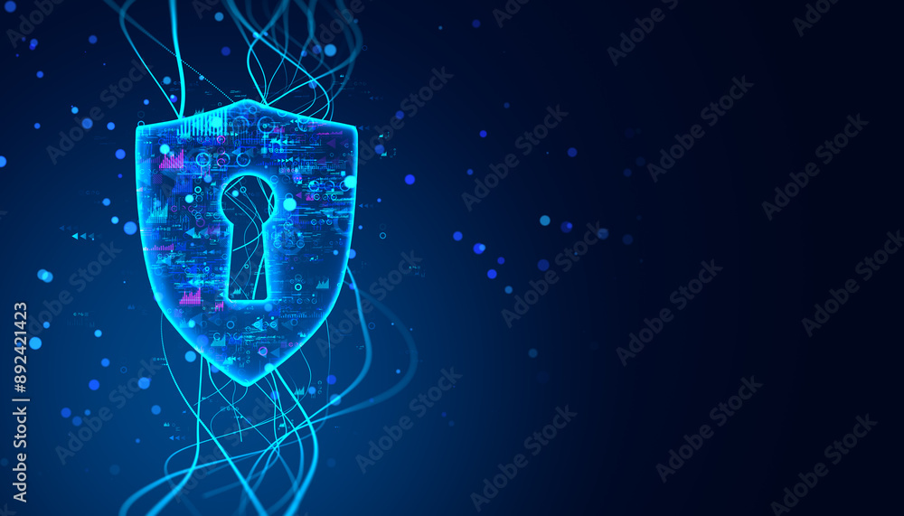 Poster Digital shield with keyhole and data streams on blue background. 3D Rendering