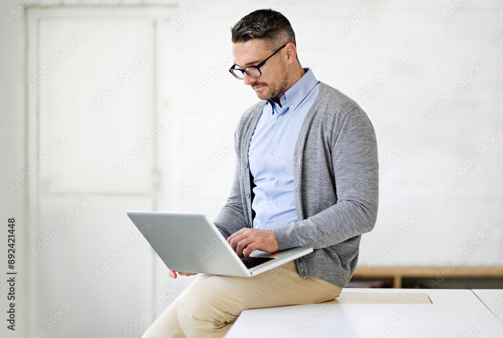 Fototapete Laptop, office and man on desk working for it support in startup company for project. Reading, pride and male software engineer with computer for troubleshooting online for cloud computing systems.