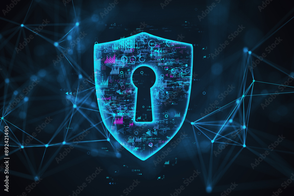 Poster Digital shield with keyhole on tech network background. 3D Rendering