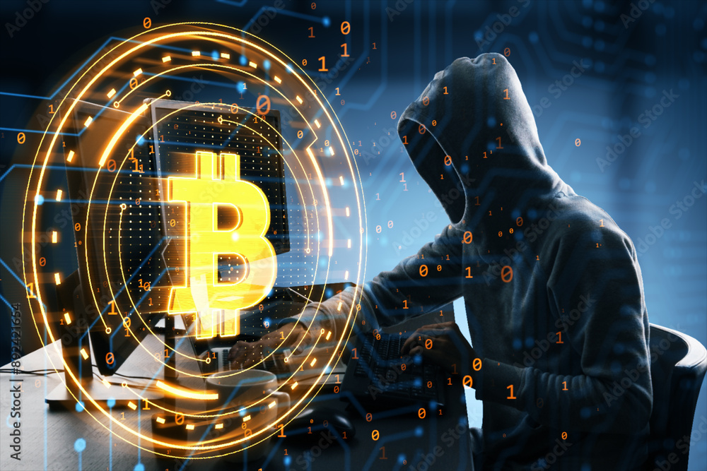 Poster Person in a hoodie with the Bitcoin symbol overlay, coding on a computer in a digital environment.
