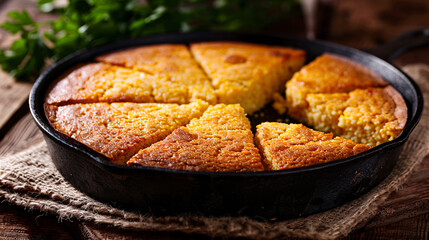 Freshly baked cornbread in a cast iron skillet