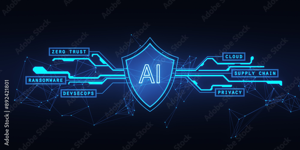 Aufkleber AI cybersecurity concept with neon shield and network lines. 3D Rendering