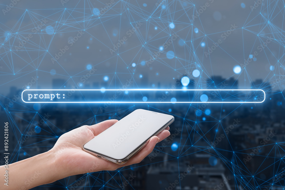 Poster hand holding smartphone with glowing prompt bar and neural network background.