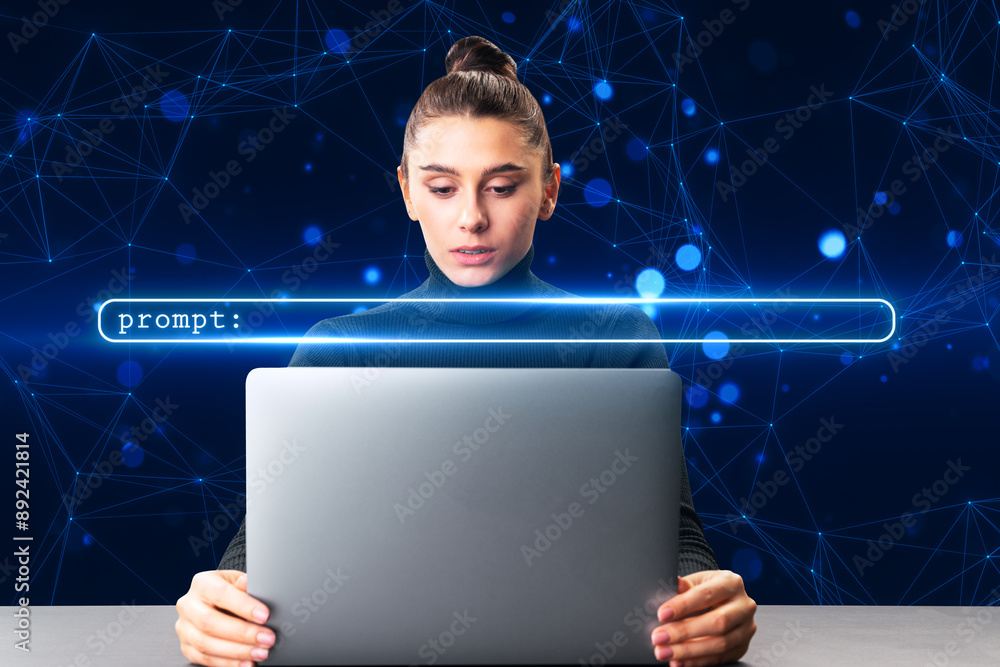 Poster Woman using laptop with prompt generation interface, neural network background.
