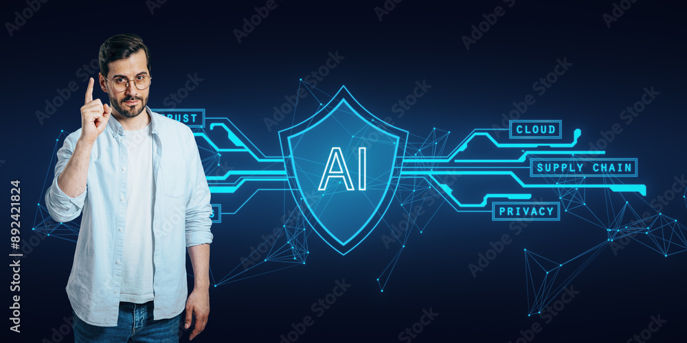 Poster Man standing next to AI cybersecurity network icons on dark background.