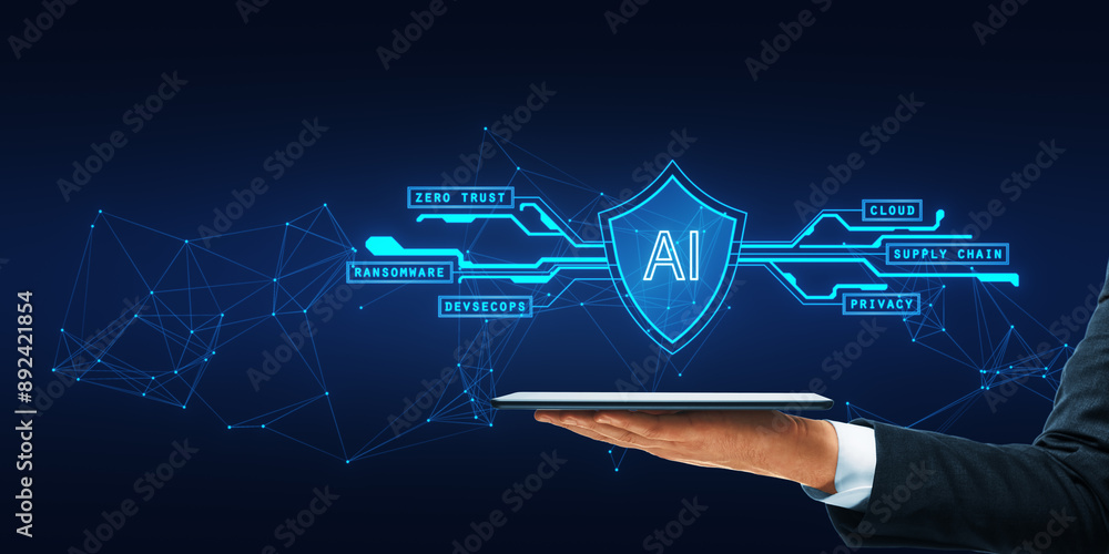 Poster ai cybersecurity concept with neon outline on dark background.