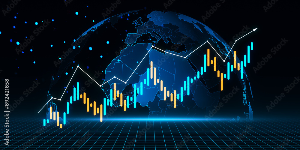 Poster Forex trading chart with upward trend on digital globe background. 3D Rendering