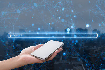 Hand holding smartphone with glowing prompt bar and neural network background.
