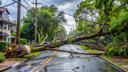 Uprooted trees litter streets, power lines tangled in debris, as a storm's fury leaves a trail of destruction, blocking roads and plunging community into darkness.