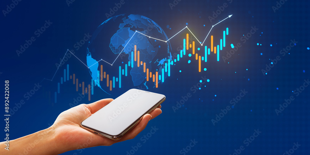 Poster hand holding smartphone with upward financial graph and global map in background.