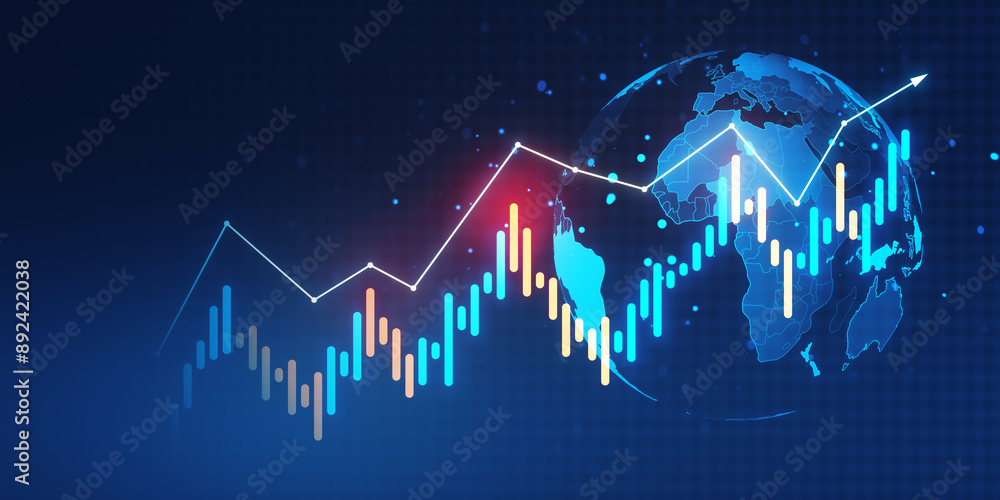 Poster Forex trading chart with global market data on a digital background. 3D Rendering