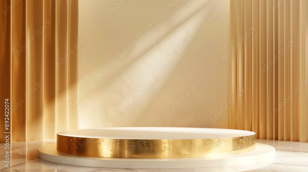 Poster 3d rendering of a golden podium with a spotlight. the podium is placed on a marble floor with a beig