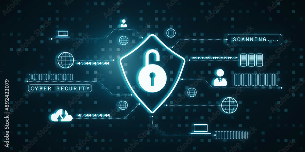 Poster Digital cybersecurity concept with lock icon on dark background. 3D Rendering