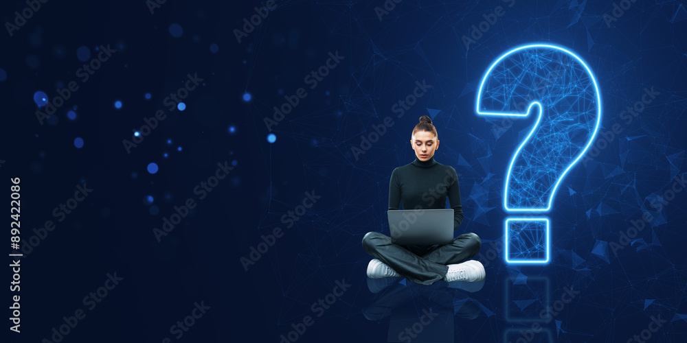 Poster woman using laptop with a large question mark on digital background.