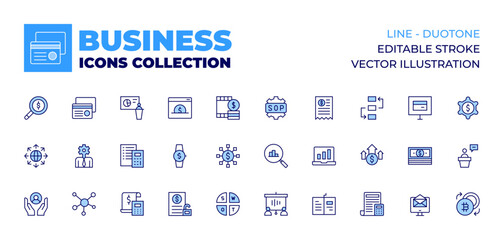 Business icons collection. Line icons, doutone style, editable stroke, vector illustration. business intelligence, credit card, connections, care, expansion, dollar, business, calculator, taxes.