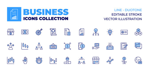 Business icons collection. Line icons, doutone style, editable stroke, vector illustration. career, dollar, accounting, cash, growth, people, project management, bill, bar chart, open sign.
