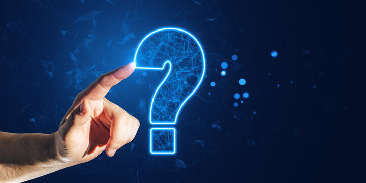Hand touching glowing question mark on a dark blue background. - Powered by Adobe