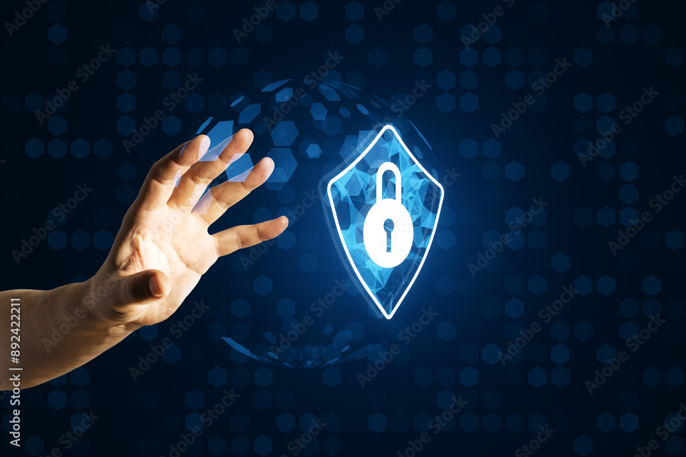 Aufkleber Hand reaching towards a holographic lock icon on a hexagonal patterned background.