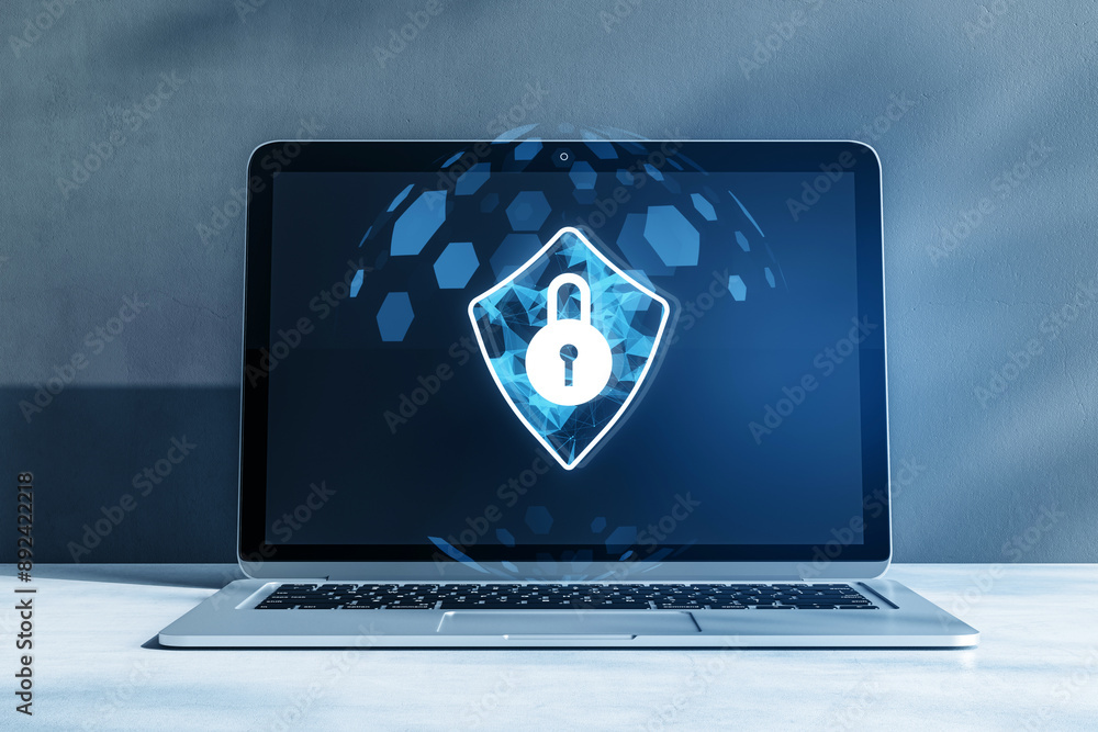 Poster Laptop with hologram lock icon on screen for cybersecurity protection. 3D Rendering