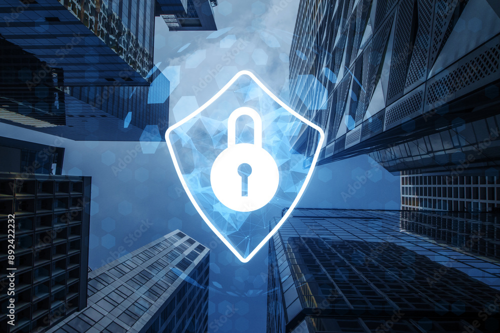 Aufkleber digital lock icon overlay on skyscrapers background symbolizing cybersecurity and data protection.