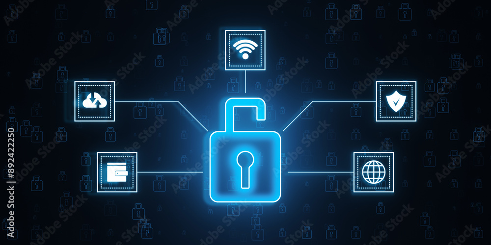 Leinwandbilder digital lock icon with cybersecurity symbols on dark background. 3d rendering