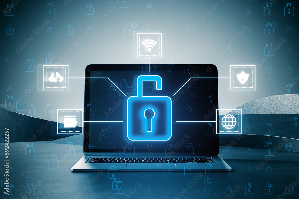 Poster Open lock icon on laptop screen representing cybersecurity on a blue background. 3D Rendering