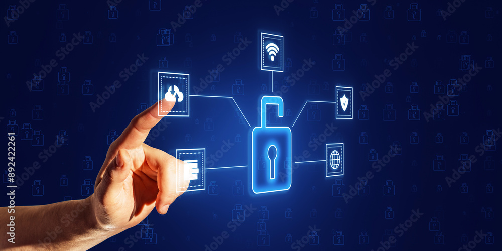 Poster hand interacting with digital lock icon on virtual cybersecurity interface.