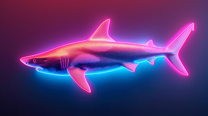Obraz premium Neon glowing shark illustration in vibrant colors. Futuristic digital art showcasing a colorful shark against a dark gradient background.