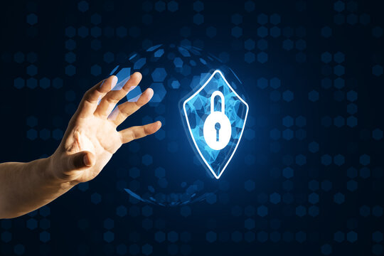 Hand reaching towards a holographic lock icon on a hexagonal patterned background.