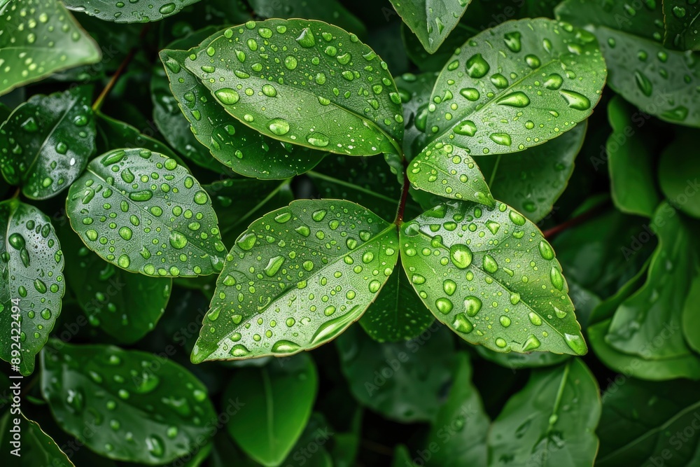 Wall mural leaves with water droplets after rain in nature - generative ai