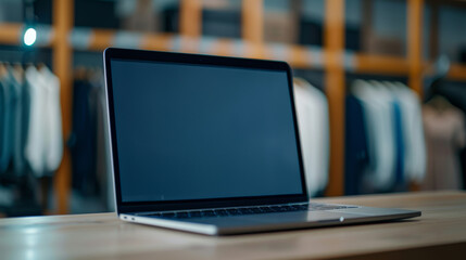 Open laptop on modern wooden table in stylish room, ready for work or study, showcasing a contemporary digital workspace.