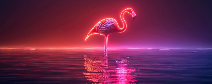 Stunning neon flamingo glowing brightly in pink and orange light, standing amidst the serene waters. Perfect blend of art and nature.