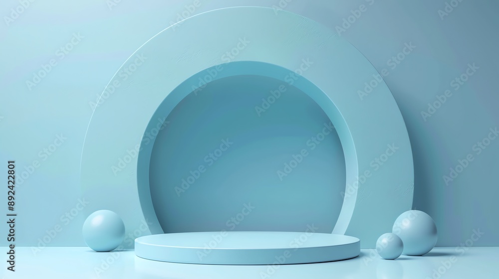 Poster this is a 3d rendering of a simple and elegant product display stage. the stage is a light blue colo
