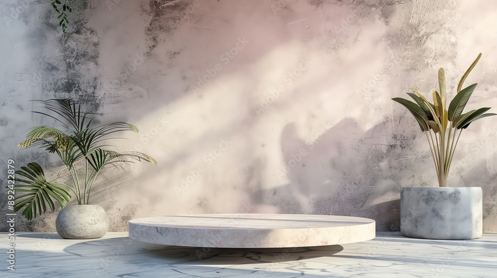 Poster 3d rendering of a product display. a marble podium stands in front of a beige concrete wall with tro