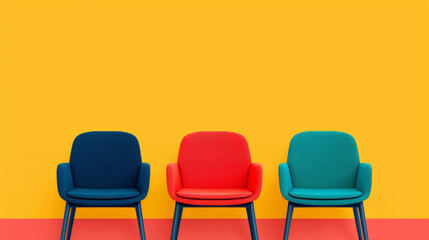 Fototapeta premium Three modern chairs in blue, red, and green against a vibrant yellow and red background. Stylish and colorful interior design concept.