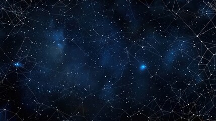Fototapeta premium Deep space inspired background with dark blue and black dots connected by starry lines, centered around a large area for text