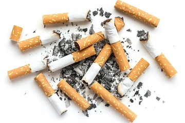 A pile of cigarettes resting on a clean white surface, great for use in still life or lifestyle photography