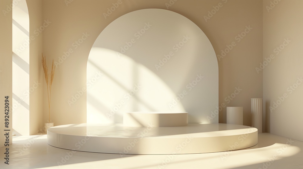 Poster 3d rendering of a simple and elegant room with a podium in the center. the room has a large arched w