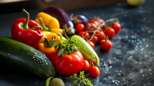 3D render of assorted fresh vegetables on a dark textured background