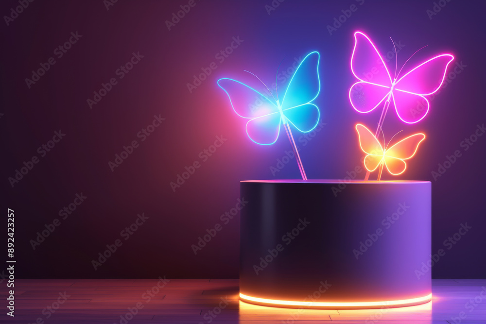 Poster vibrant neon butterfly lights in various colors illuminate a dark background, creating a mesmerizing