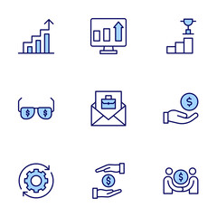 Business icons set. Line icons, doutone style, editable stroke, vector illustration. earnings, development, deal, graphic, graph, glasses, give, increase, hired.