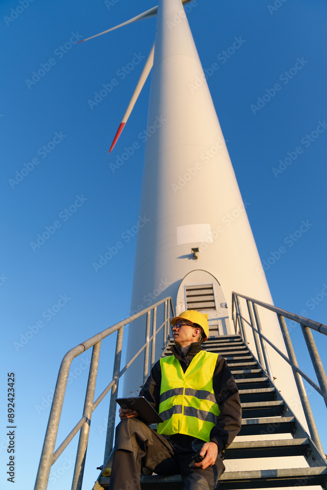 Aufkleber engineer with digital tablet controls wind turbines