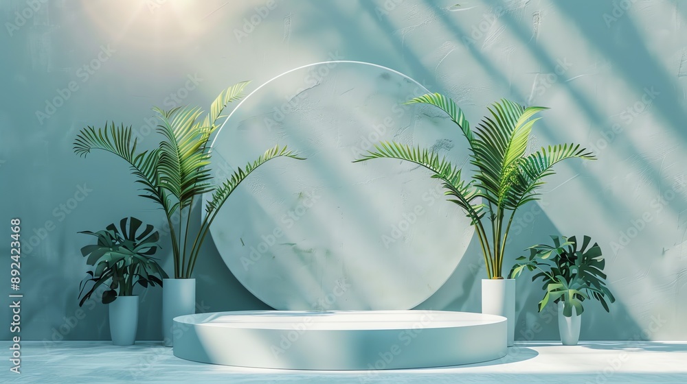 Poster 3d rendering of a product display platform with a circular backdrop.