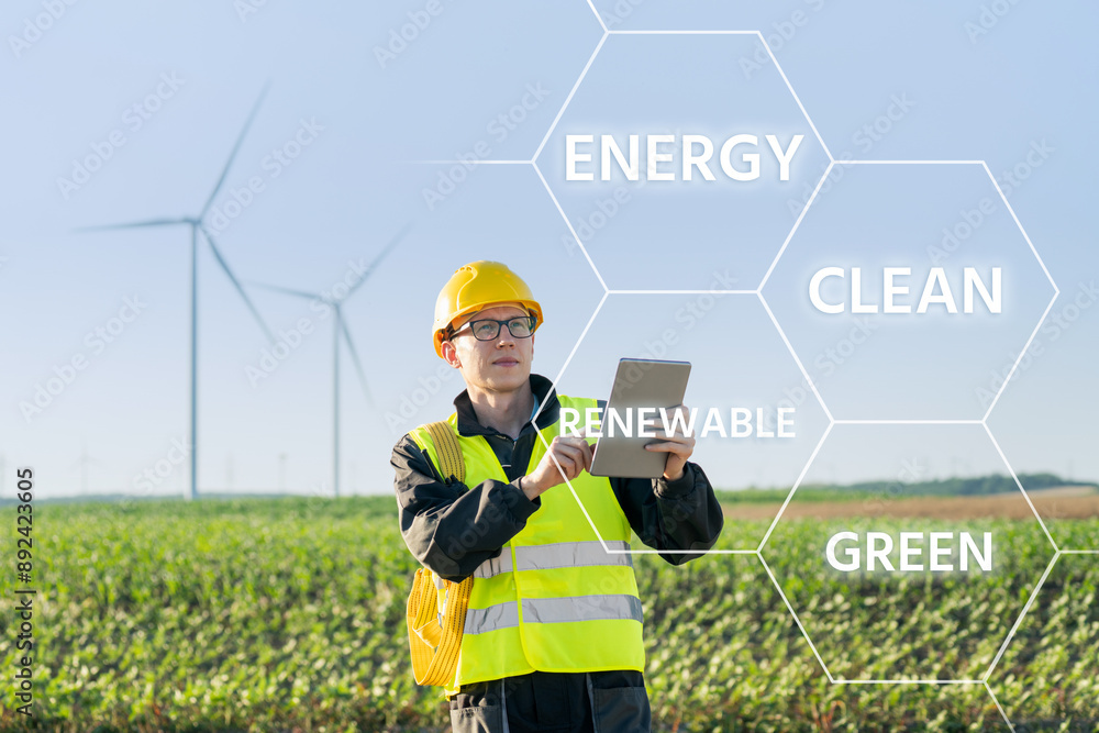 Aufkleber engineer with digital tablet controls wind turbines