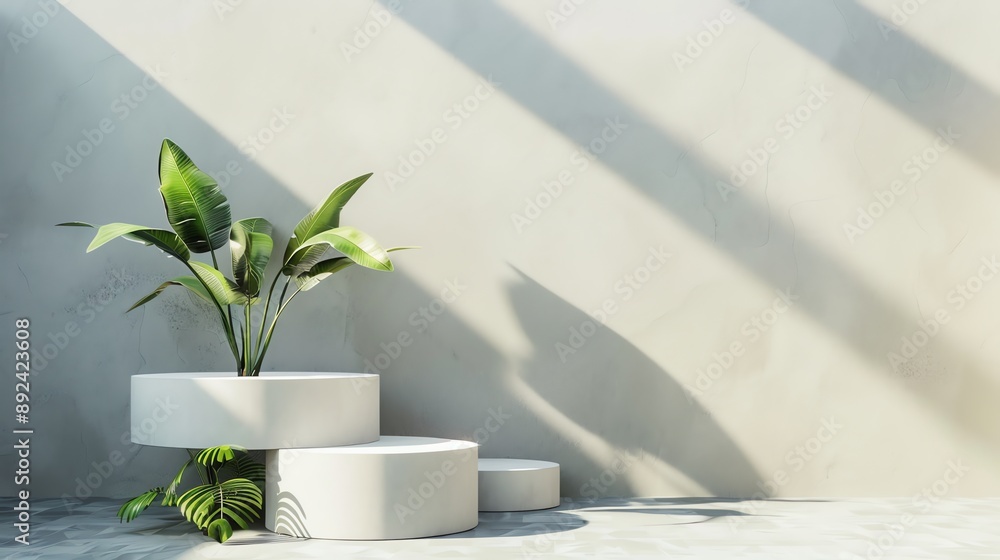 Poster 3d rendering of a product display. there are three white podiums of different heights in the center 