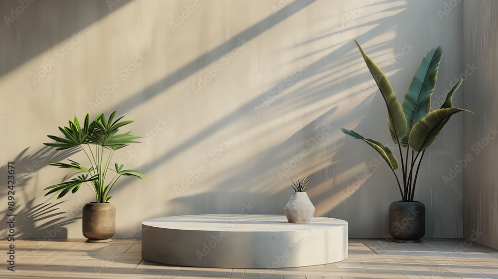 Poster 3d rendering of a product display with a podium in the center.