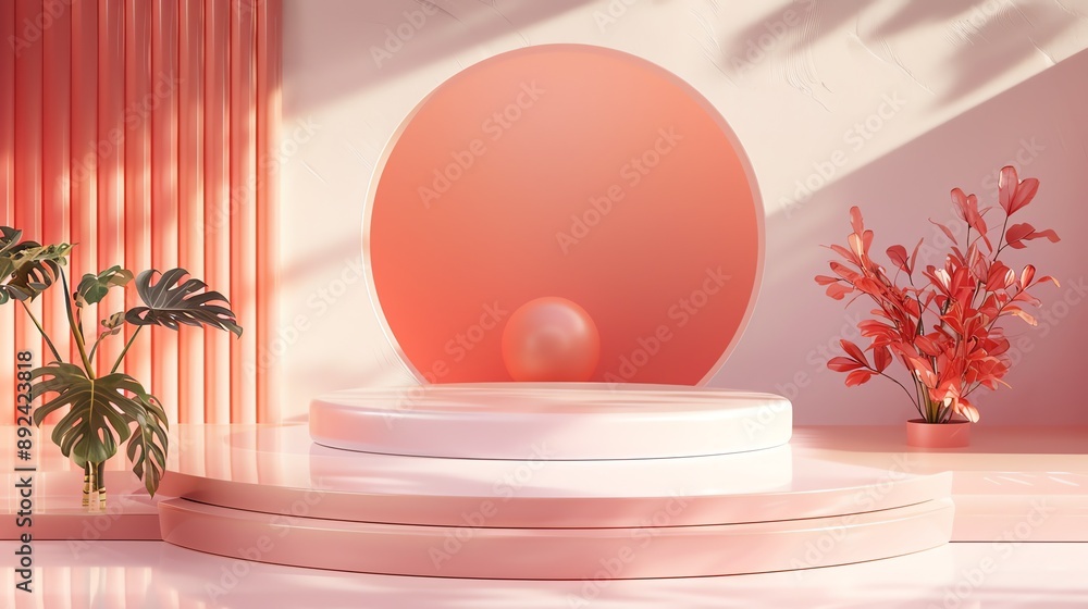 Poster 3d rendering of a pink podium with a pink background. there is a large round window on the back wall