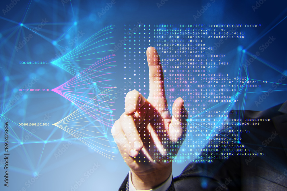 Poster A person interacting with futuristic digital interface with binary code, on a blue technological background, concept of innovation
